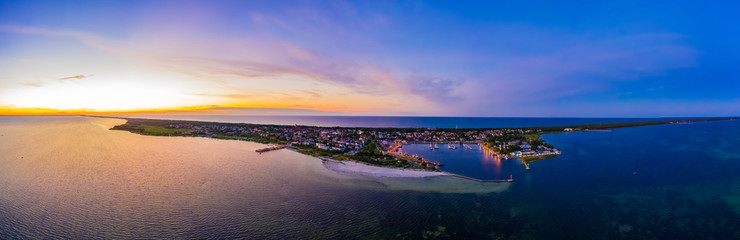 Beautiful Panorama color sky, sunset by the Baltic Sea, Jastarnia, Poland. Harbor. Aerial View