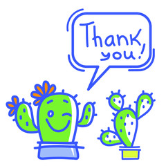 Thanks card with Cactus succulent and text. Color Hand draw illustration isolated on white