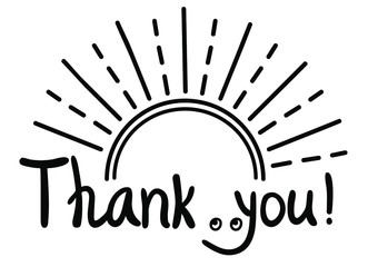 Fun Thanks card with text and hearts decoration. Hand draw black graphic background illustration on white