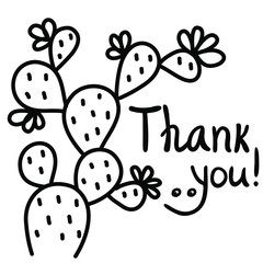Thanks card with Cactus succulent and text. Color Hand draw illustration isolated on white