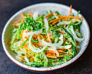 vegetables salad snack Peking cabbage savoy, onion, carrot, pepper and other vegetarian serving size top view place for text copy space keto or paleo diet raw