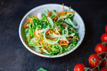 vegetables salad snack Peking cabbage savoy, onion, carrot, pepper and other vegetarian serving size top view place for text copy space keto or paleo diet raw