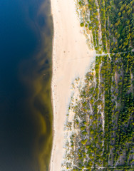 Aerial view  transparent turquoise sea in Baltic Sea.Summer seascapel, beach, beautiful waves, blue water at sunset. Top view from drone