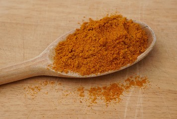 Curry powder on wooden spoon. Indian spice.
