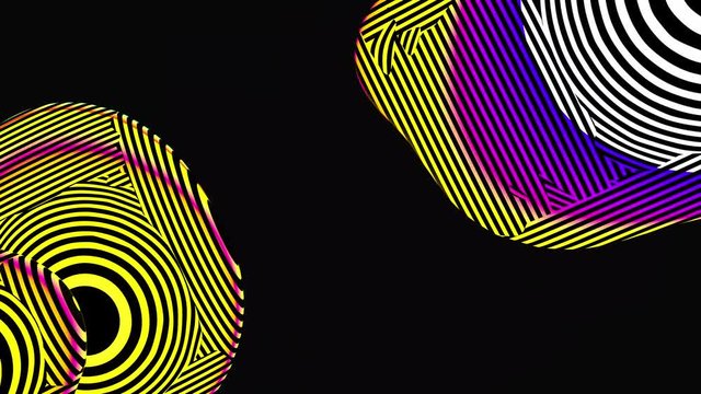 3d render of abstract art of surreal animated video with super colourful background based on meta balls in deformation process with parallel lines on surface in yellow purple white neon glowing color