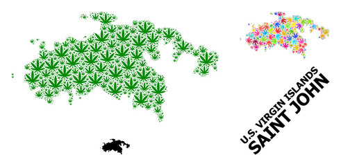Vector Collage Map of Saint John Island of Colored and Green Cannabis Leaves and Solid Map