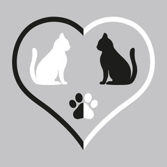 illustration of silhouettes of cats in black and white heart and paw on gray background