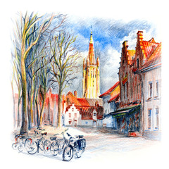 Fototapeta premium Urban sketch of Bruges square, Church of Our Lady tower on background, Belgium. Drawing with colored pencils