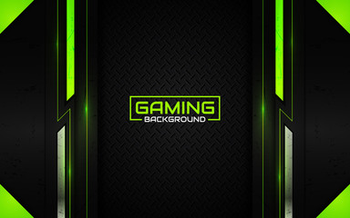 Abstract futuristic black and green gaming background with glossy metal esport shapes. Vector design template technology concept can use element game banner, sport poster, wallpaper, web streaming © Majri