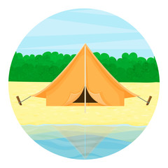 Travel icon. Tourist tent on the lake, against the background of the forest. Summer landscape. Cartoon style. Object for packaging, advertisements, template. Vector illustration.