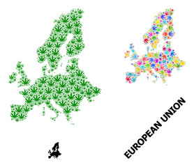 Vector Mosaic Map of Euro Union of Bright and Green Marijuana Leaves and Solid Map