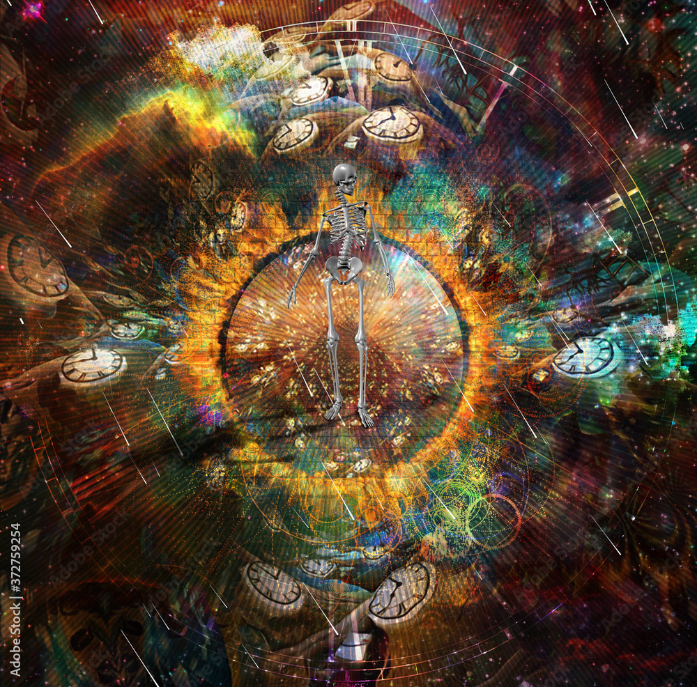 Poster skeleton and flow of time. surreal art. 3d rendering