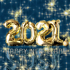 Happy New year 2021 Christmas celebration. Gold  foil balloons numeral 2021 and confetti on blue background. Flat lay xmas background