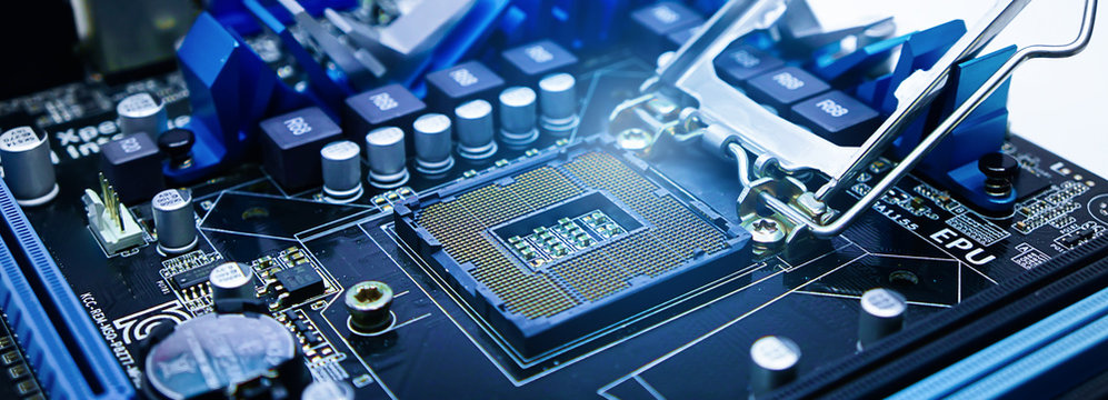 Socket for the motherboard with light Computer parts,Technological background.