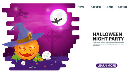 banner for web page design and mobile applications on the theme of all saints eve Halloween pumpkin in a hat witch flat vector illustration