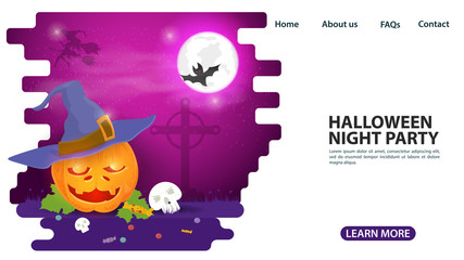 banner for web page design and mobile applications on the theme of all saints eve Halloween pumpkin in a hat witch flat vector illustration