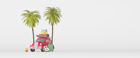 retro car with luggage on roof. summer vacation concept with copy space 3D Render 3D illustration