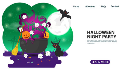 banner for web page design and mobile applications on the theme of all saints eve Halloween witchs cauldron with potions and skulls flat vector illustration