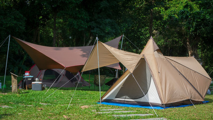 Field tents on green lawn in camping area at natural park