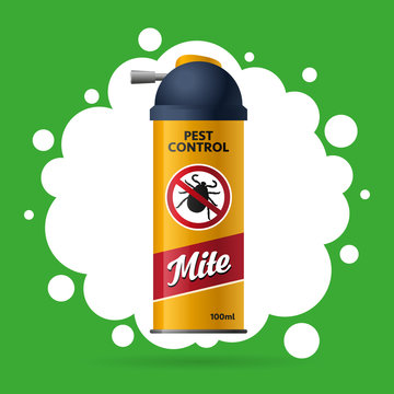 Can of aerosol for insect control, mite, tick. pest control. Repellent spray in a yellow bottle. Green background. Vector illustration