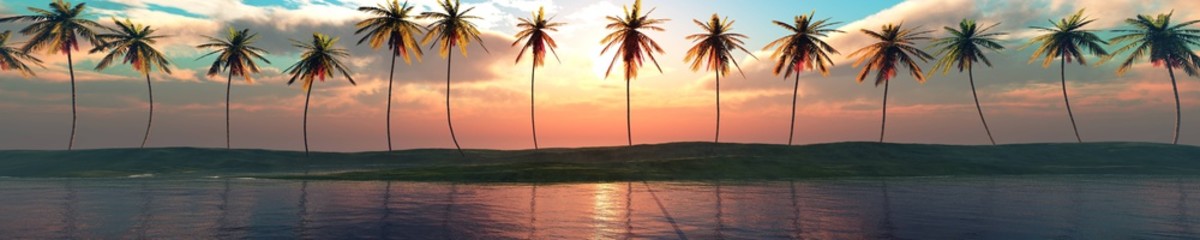 Row of palm trees at sunset, seashore with palm trees at sunrise, 3D rendering