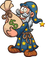  Cartoon wizard holding a big bag of money. Vector clip art illustration. All on a single layer.
