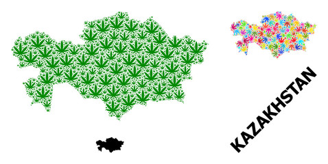 Vector Mosaic Map of Kazakhstan of Colored and Green Marijuana Leaves and Solid Map