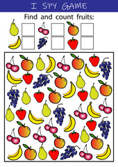 Obraz premium I spy fruits - educational game for kids. Math worksheet for kindergarten, school, preschool. Development of numeracy skills and attention.