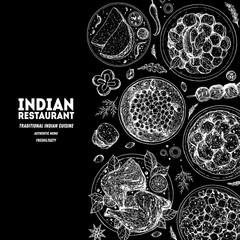 Indian food illustration. Hand drawn sketch. Indian cuisine. Doodle collection. Vector illustration. Menu background. Engraved style.