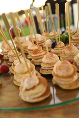 Breakfast canapés, mini pancakes on a stick.