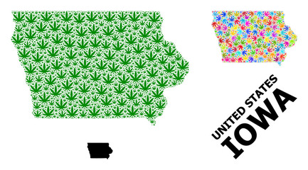 Vector Mosaic Map of Iowa State of Colorful and Green Marijuana Leaves and Solid Map