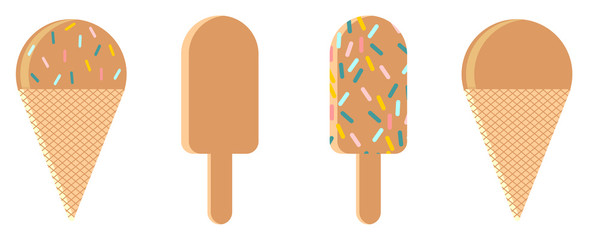 Ice cream waffel and popsicle set of hand drawn flat elements