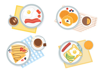 Four assorted servings of breakfast showing eggs and sausage, pancakes, egg on toast and waffles with coffee in a top down view, colored vector illustration