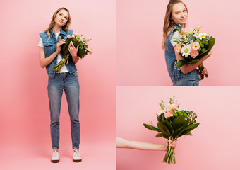collage of woman in denim clothes and female hand with bouquet of flowers on pink