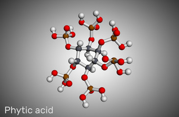 Phytic acid, fytic acid, phytate, phytine, myo-inositol hexakisphosphate molecule. It has role as iron chelator, antineoplastic agent, cofactor. Molecular model