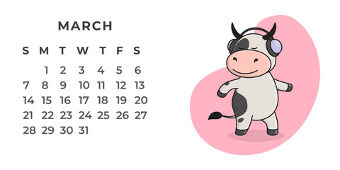 Page of the desktop calendar for 2021. Cute spotted ox, ox or cow doing sports, yoga, resting. 2021-the year of the Ox on the Eastern or Chinese calendar. Vector stock, ready-to-print template.