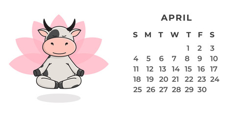 Page of the desktop calendar for 2021. Cute spotted ox, ox or cow doing sports, yoga, resting. 2021-the year of the Ox on the Eastern or Chinese calendar. Vector stock, ready-to-print template.