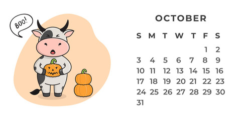 Page of the desktop calendar for 2021. Cute spotted ox, ox or cow doing sports, yoga, resting. 2021-the year of the Ox on the Eastern or Chinese calendar. Vector stock, ready-to-print template.