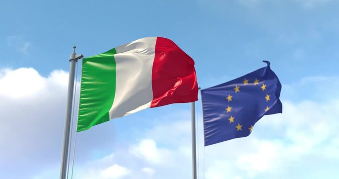 Italy and EU flag on a flagpole realistic wave. The European Union and The Italian Republic. Rome. Luma Track Mattes for background cutting. 