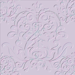 Damask embossed 3d seamless pattern. Vector floral textured background. Vintage beautiful Baroque style grunge ornaments with embossing effect. Repeat backdrop. Ornate flowers, leaves. Texture