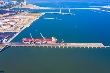 Zelfklevend Fotobehang Aerial top view container cargo ship, in import export business logistic and transportation by container ship international open sea. © netsay