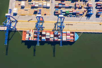 Fototapeta na wymiar Aerial top view container cargo ship, in import export business logistic and transportation by container ship international open sea.