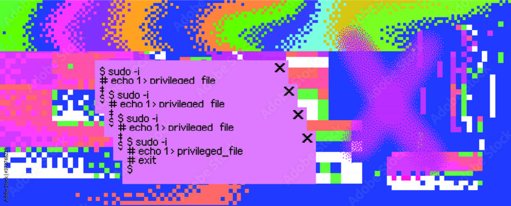 Poster Conceptual illustration of a virus programm, malware, hacker attack. Infected computer screen with warning messages and buggy and glitchy pixels.