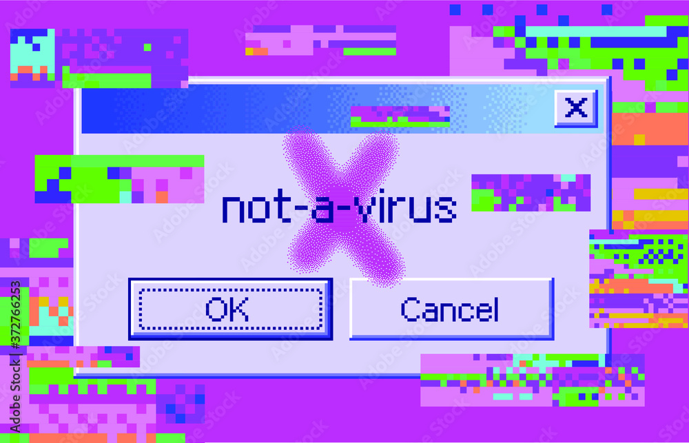 Fototapete Conceptual illustration of a virus programm, malware, hacker attack. Infected computer screen with warning messages and buggy and glitchy pixels.