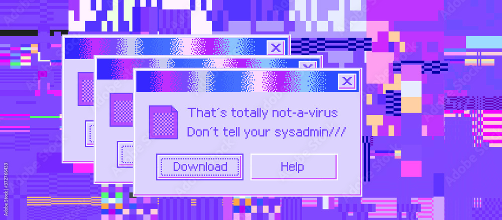 Fototapete Conceptual illustration of a virus programm, malware, hacker attack. Infected computer screen with warning messages and buggy and glitchy pixels.