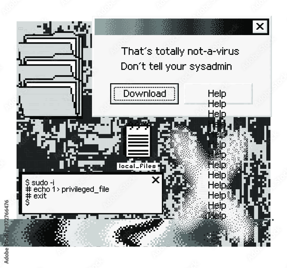 Aufkleber Conceptual illustration of a virus programm, malware, hacker attack. Infected computer screen with warning messages and buggy and glitchy pixels.