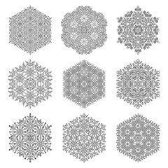Set of vector snowflakes. Black and white winter ornaments. Snowflakes collection. Snowflakes for backgrounds and designs
