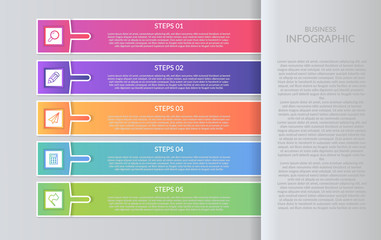 Five colorful rectangular elements, pointers and text boxes. The concept of the arrow business model with 5 steps in a row. Modern infographic design template. Vector illustration. eps 10