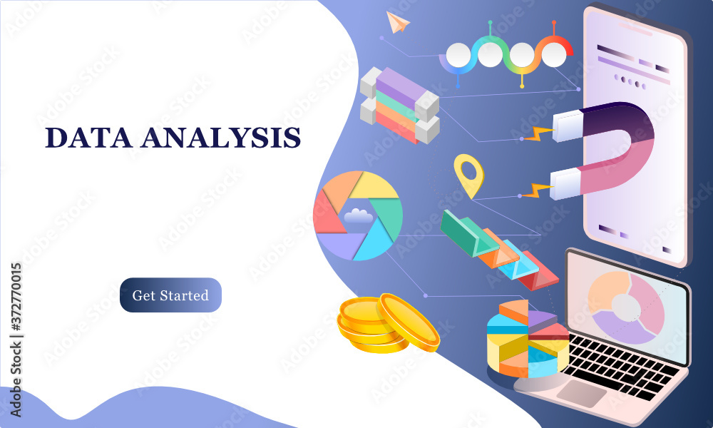 Poster modern flat design 3d isometric concept of big data analysis for banner and website. isometric landi