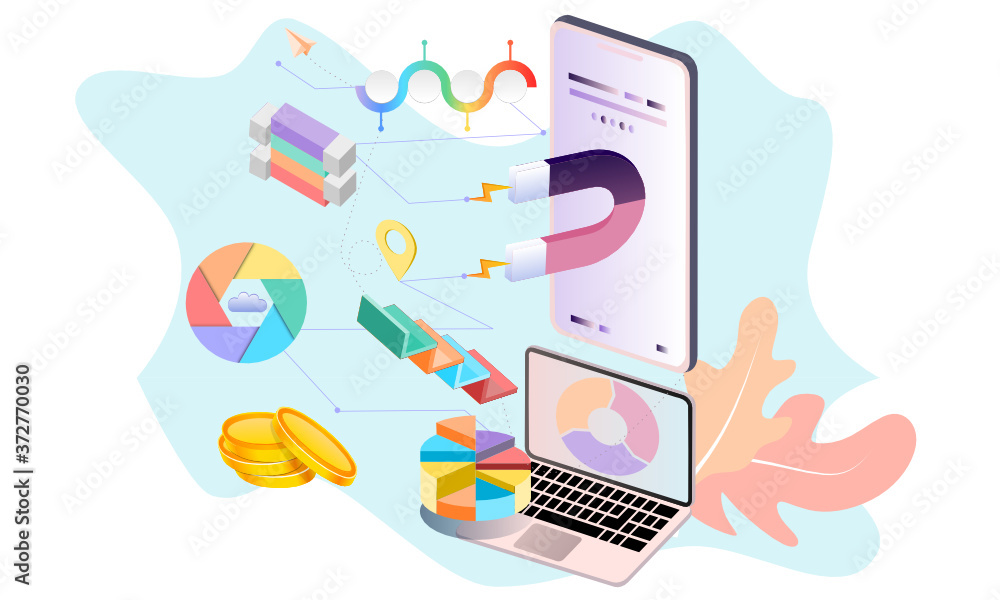 Poster modern flat design 3d isometric concept of big data analysis for banner and website. isometric landi